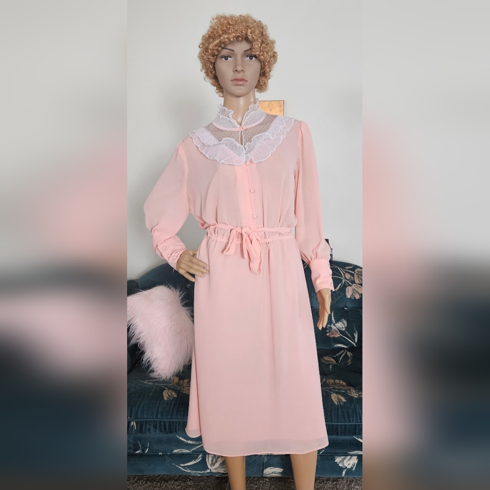 Peach-y Pink Sheer Lace Neck Dress with Fabric Belt - Elegant Summer Chic